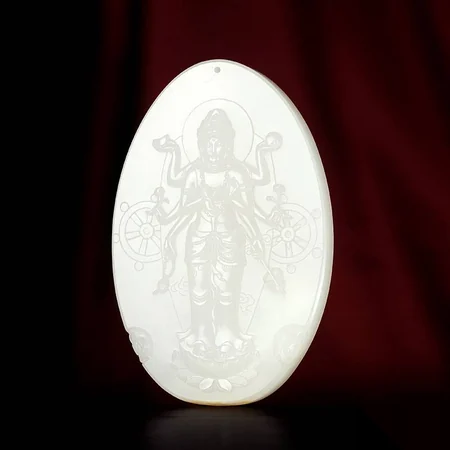 White Hetian Jade Plaque: Thousand-Armed Guanyin, 88 g
