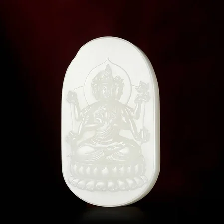 White Hetian Jade Plaque: Three-Faced Guanyin, 42.8 g