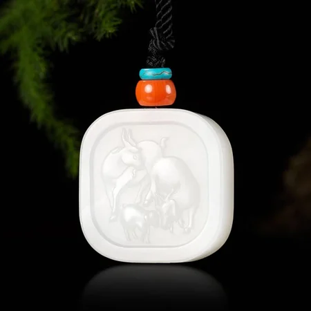 White Hetian Jade Plaque: Three Rams, a New Beginning, 20.6 g