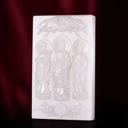 White Hetian Jade Plaque: Three Sacred Buddhist Figures, 120.6 g