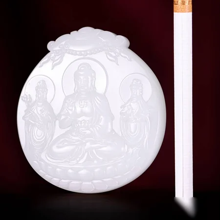 White Hetian Jade Plaque: Three Sacred Buddhist Figures, 57.2 g