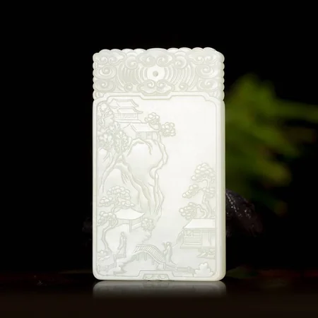 White Hetian Jade Plaque: Visiting a Friend, 46.1 g