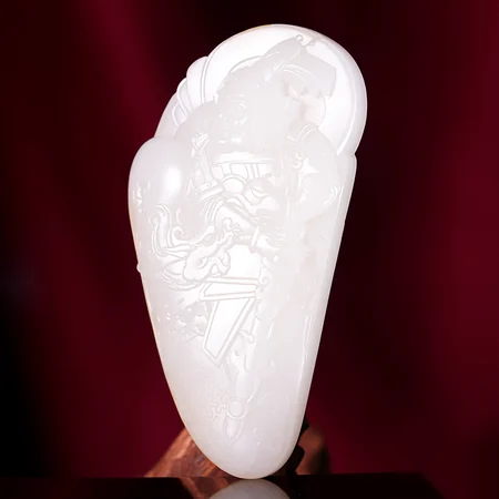 White Hetian Jade Plaque: Weituo, Skanda, 60.2 g