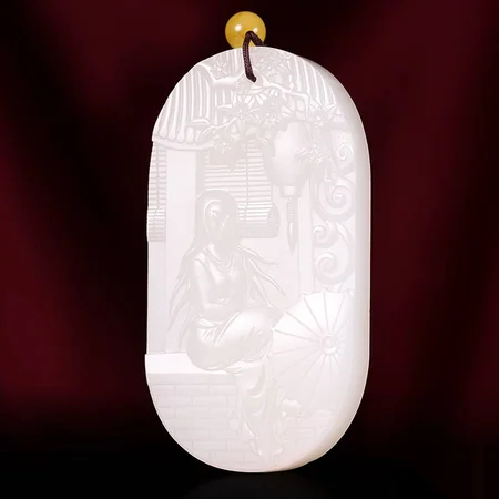 White Hetian Jade Plaque: Wine Beneath the Blossoms, 49.1 g