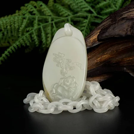 White Hetian Jade Plaque with Carved Chain: Good Fortune Before Your Eyes, 75 g