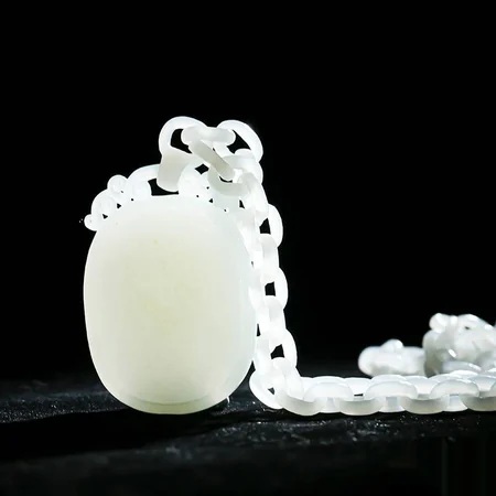 White Hetian Jade Plaque with Carved Chain: Wushi, a Wish for Peace, 58.2 g