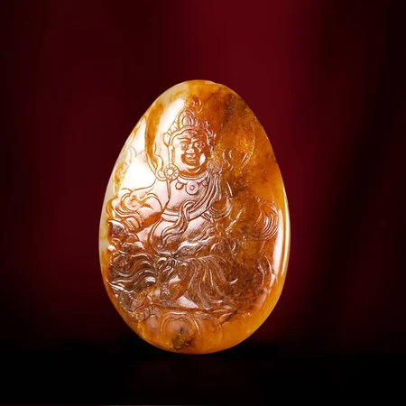 White Hetian Jade Plaque: Yellow Jambhala, 31.4 g