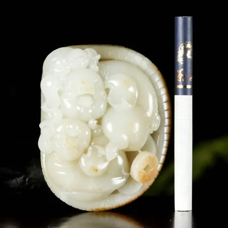 White Hetian Jade Family Joy Sculpture with Red Skin
