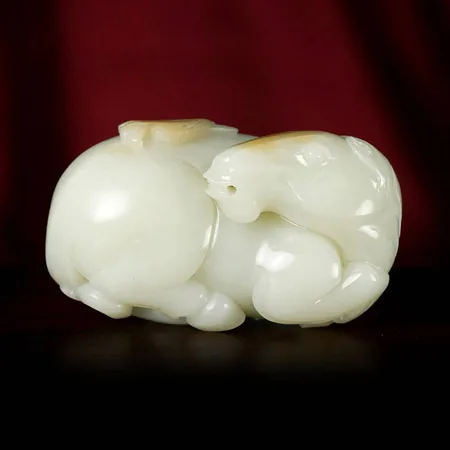White Hetian Jade Horse Sculpture with Yellow Skin
