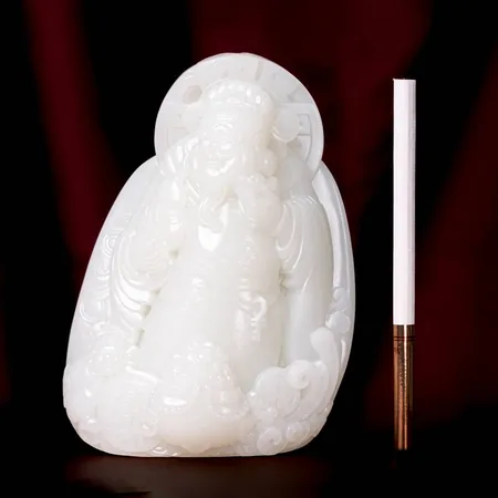 White Hetian Jade Prosperity and Blessings Carving