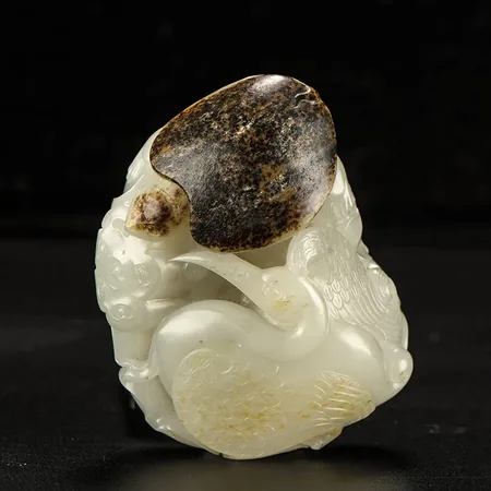 White Hetian Jade Tortoise and Crane Sculpture