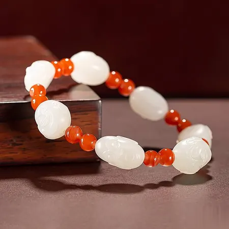 White Hetian Jade Luohan Bracelet with Orange Accents