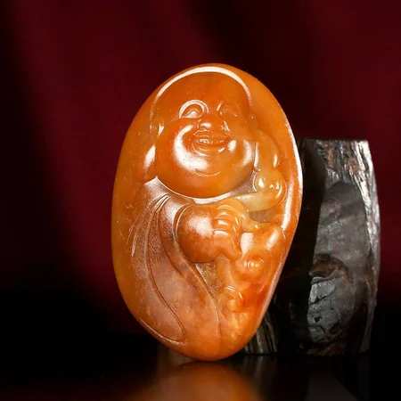 Yellow Hetian Jade Plaque: Laughing Buddha Holding Treasure, 47.8 g