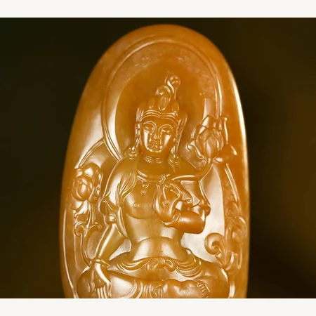 Yellow Hetian Jade Plaque: Yellow Tara, 50.5 g