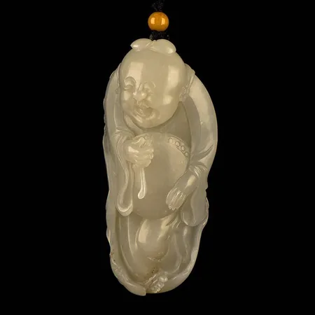 Yellow-Skin White Hetian Seed Jade Palm Carving - Drumming Boy, 49 g