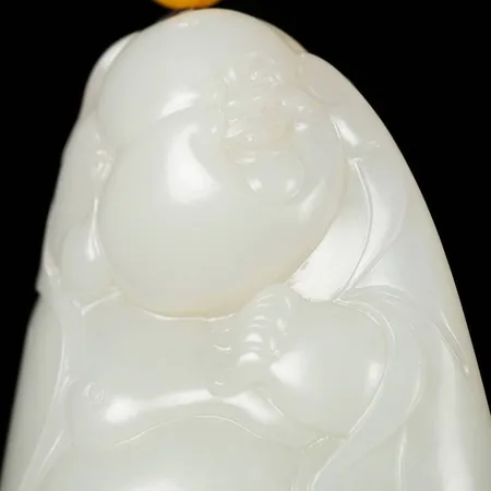 Yellow-Skin White Hetian Seed Jade Palm Carving - Laughing Buddha, 84.5 g
