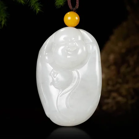 Yellow-Skin White Hetian Seed Jade Palm Carving - Maitreya with Treasure, 54.3 g