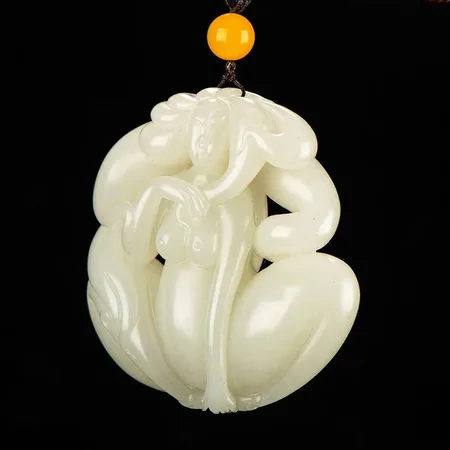 Yellow-Skin White Hetian Seed Jade Palm Carving - Meeting a Noble Benefactor, 73 g