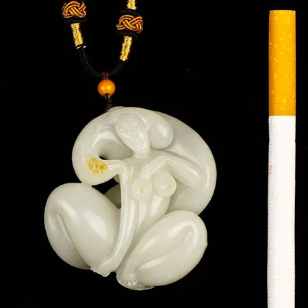 Yellow-Skin White Hetian Seed Jade Palm Carving - Reclining Beauty, 64.7 g
