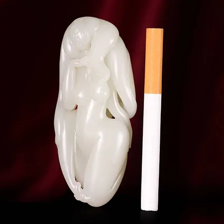 Yellow-Skin White Hetian Seed Jade Palm Carving - Reclining Beauty, 89.6 g