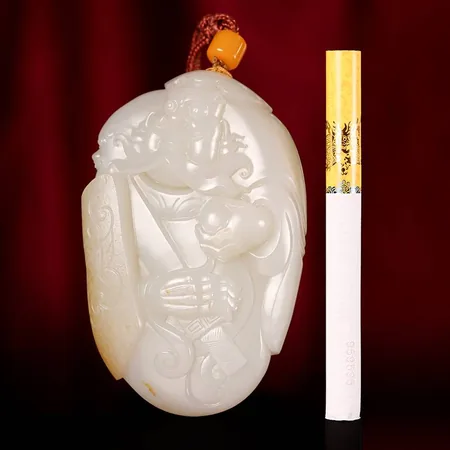 Yellow-Skin White Hetian Seed Jade Palm Carving - Zhong Kui, 162.8 g