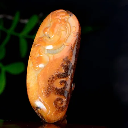 Yellow-Tinged Hetian Seed Jade Palm Carving - Guan Gong Taming the Chi-Dragon, 168.2 g